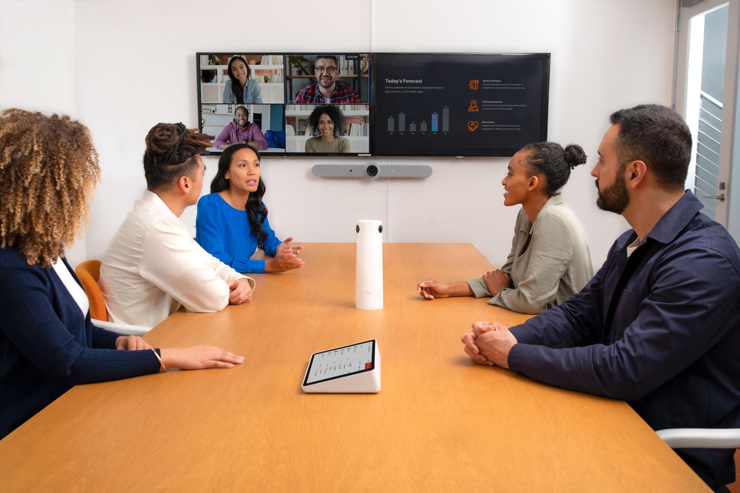 Five people at a conference table on a video call, charts on screen; speakerphone and tablet in use.