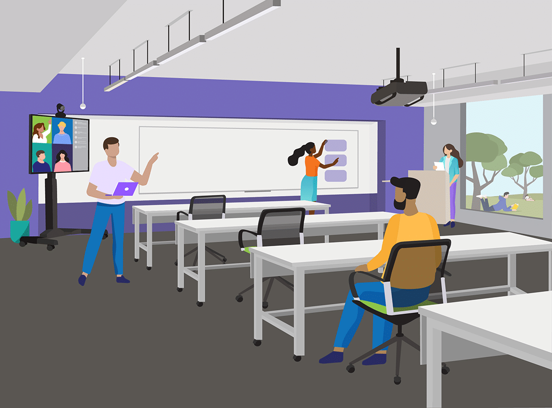illustration of a classroom with instrructor and students at desks and Legrand AV solutions